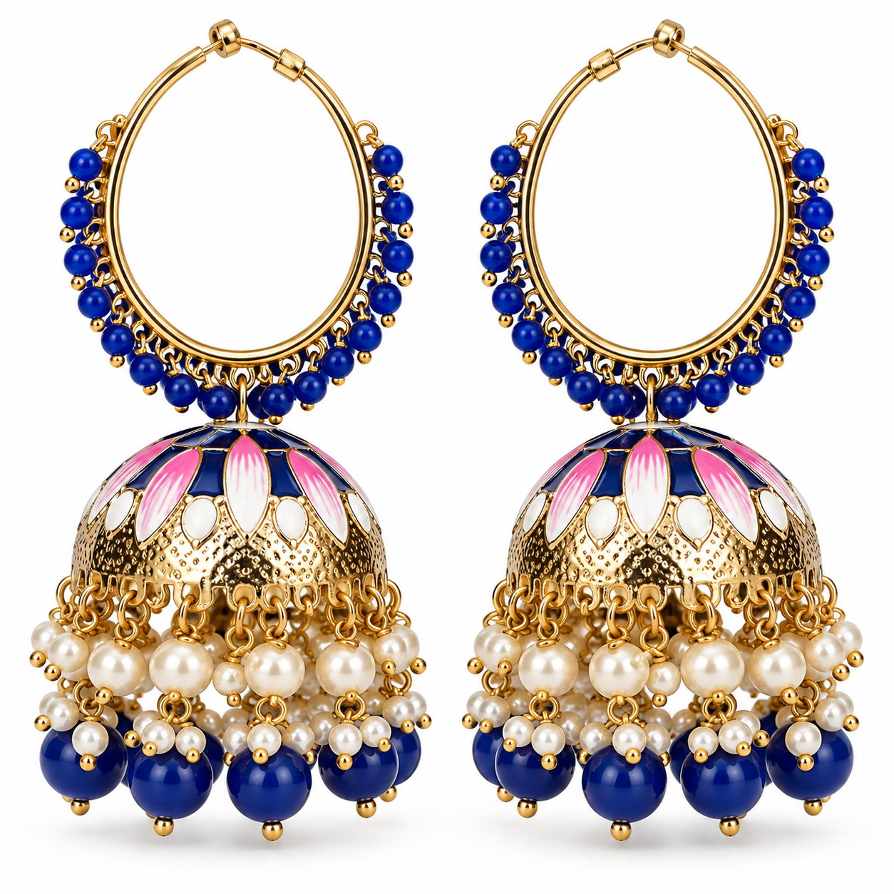 Blue Meenakari Hoop Jhumka Earrings | Pearl Statement Earrings