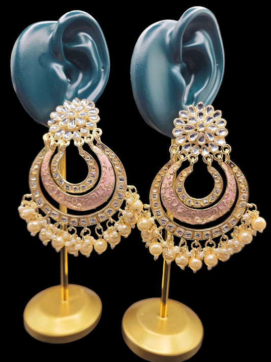 Blush Pink Kundan Chandbali Earrings | Pearl Drop Indian Statement Earrings