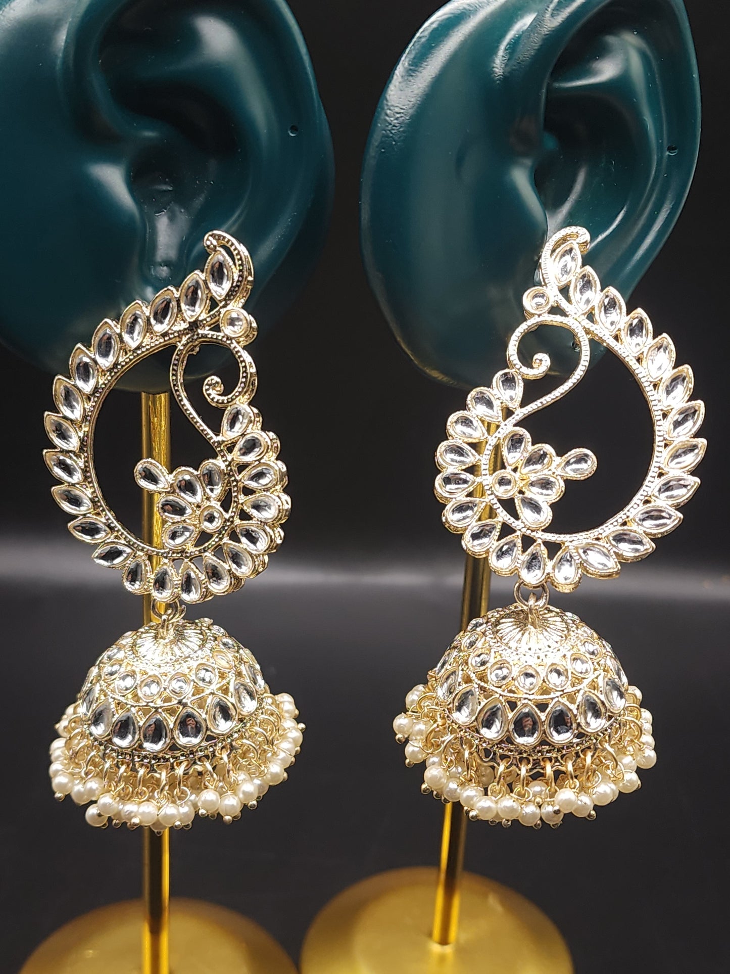 PSK ELEGANCE Gold Kundan Peacock Jhumka Earrings | Pearl Drop Statement Ethnic Jewelry