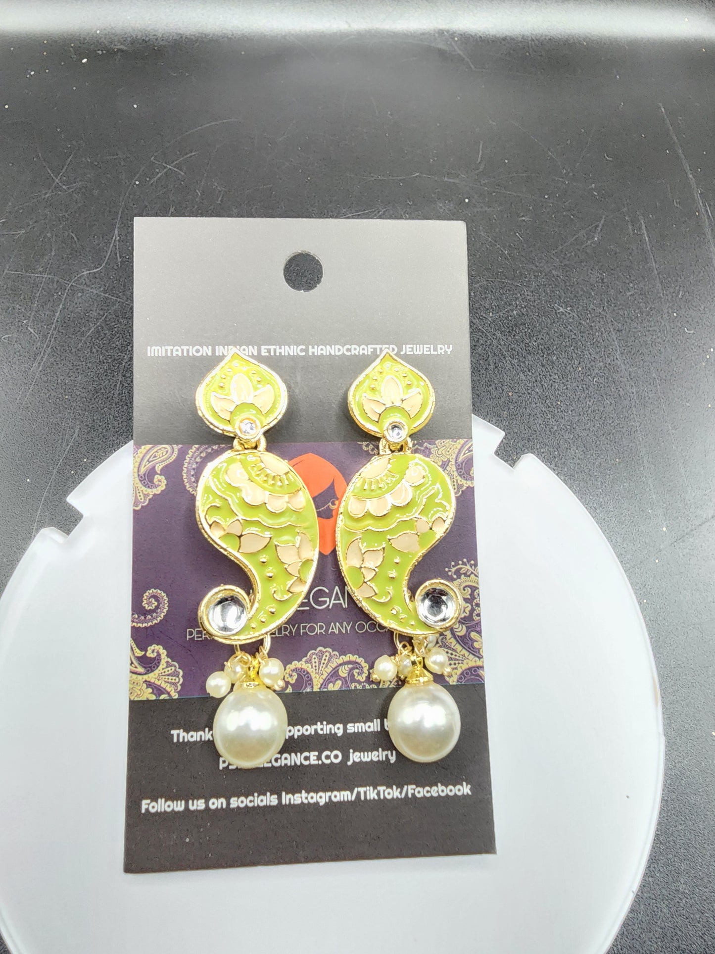 PSK ELEGANCE Grey & Gold Paisley Drop Earrings with Pearl Charm
