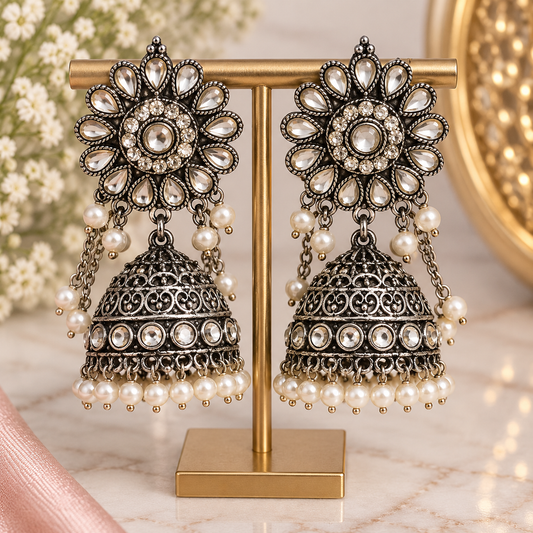 Oxidized Floral Jhumka Earrings  Pearl & Kundan-Style Statement Earrings