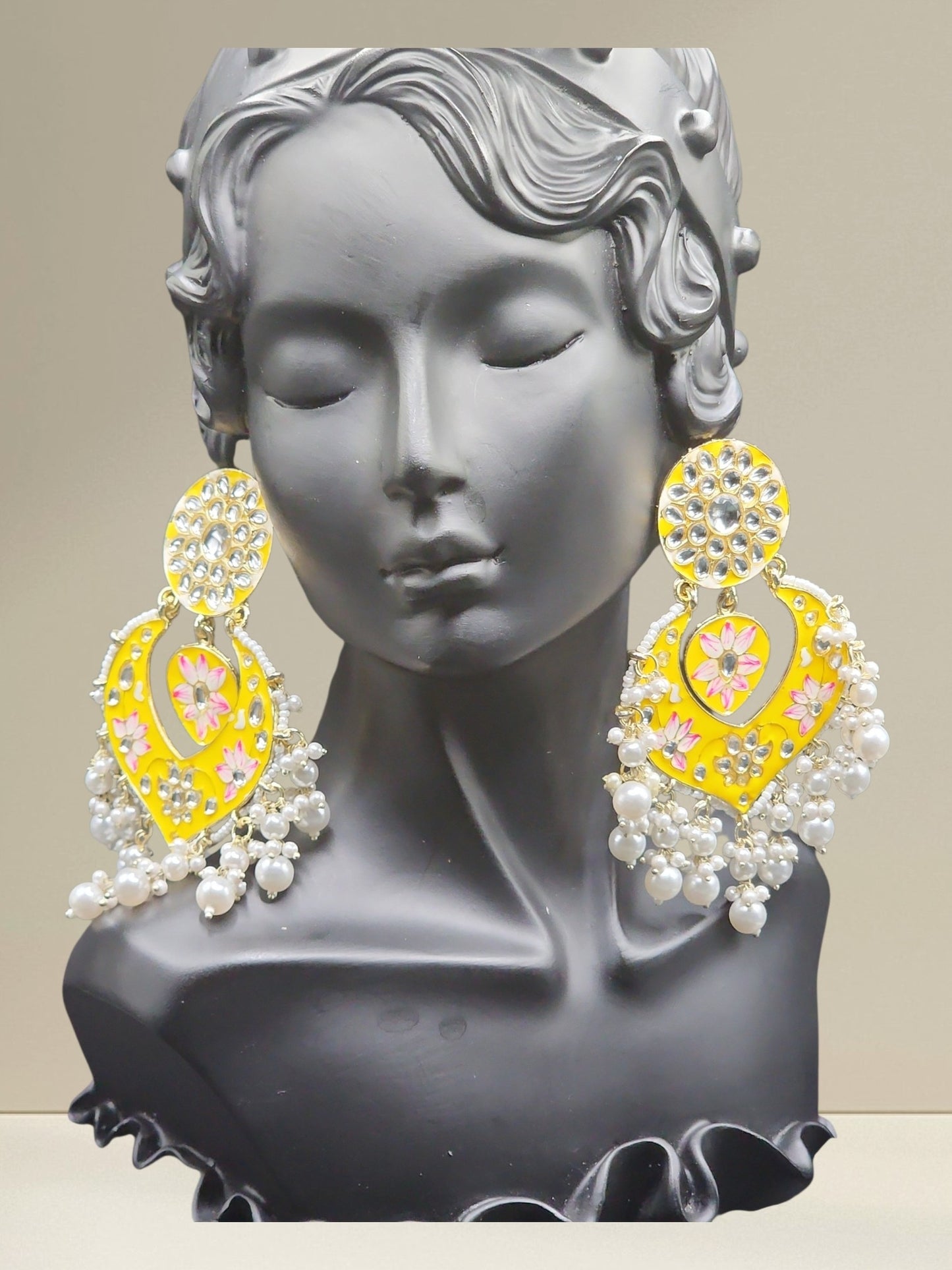 PSK ELEGANCE Yellow Meenakari Heart Chandbali Earrings | Floral Kundan Pearl Drop Statement Jewelry