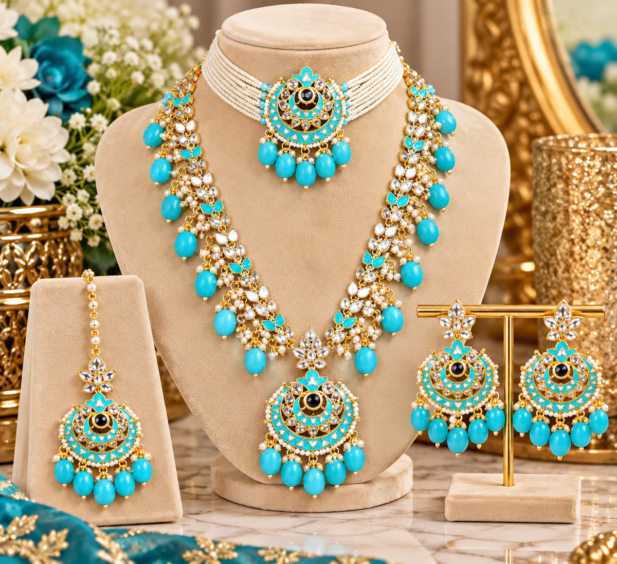 Turquoise Kundan Pearl Bridal Jewelry Set | Gold-Tone Necklace, Earrings & Maang Tikka