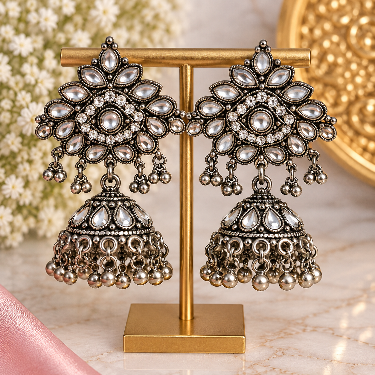 Oxidized l Jhumka Earrings | Pearl & Kundan-Style Statement Earrings