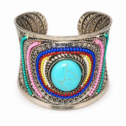 Multicolor Turquoise Statement Cuff Bracelet – Silver-Tone Boho Jewelry