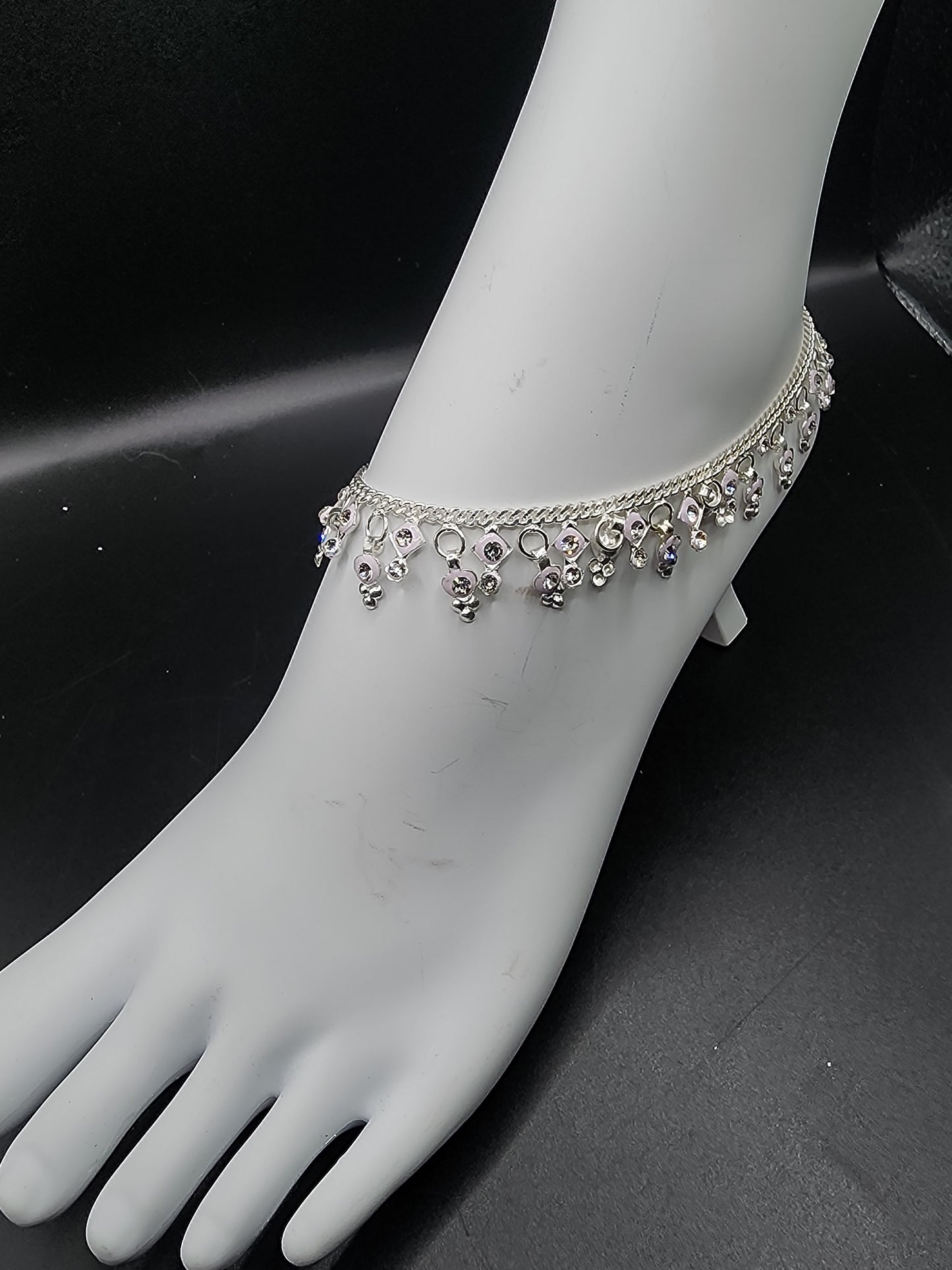 Silver Charm Anklet with Crystal Drops – Elegant Dangling Payal