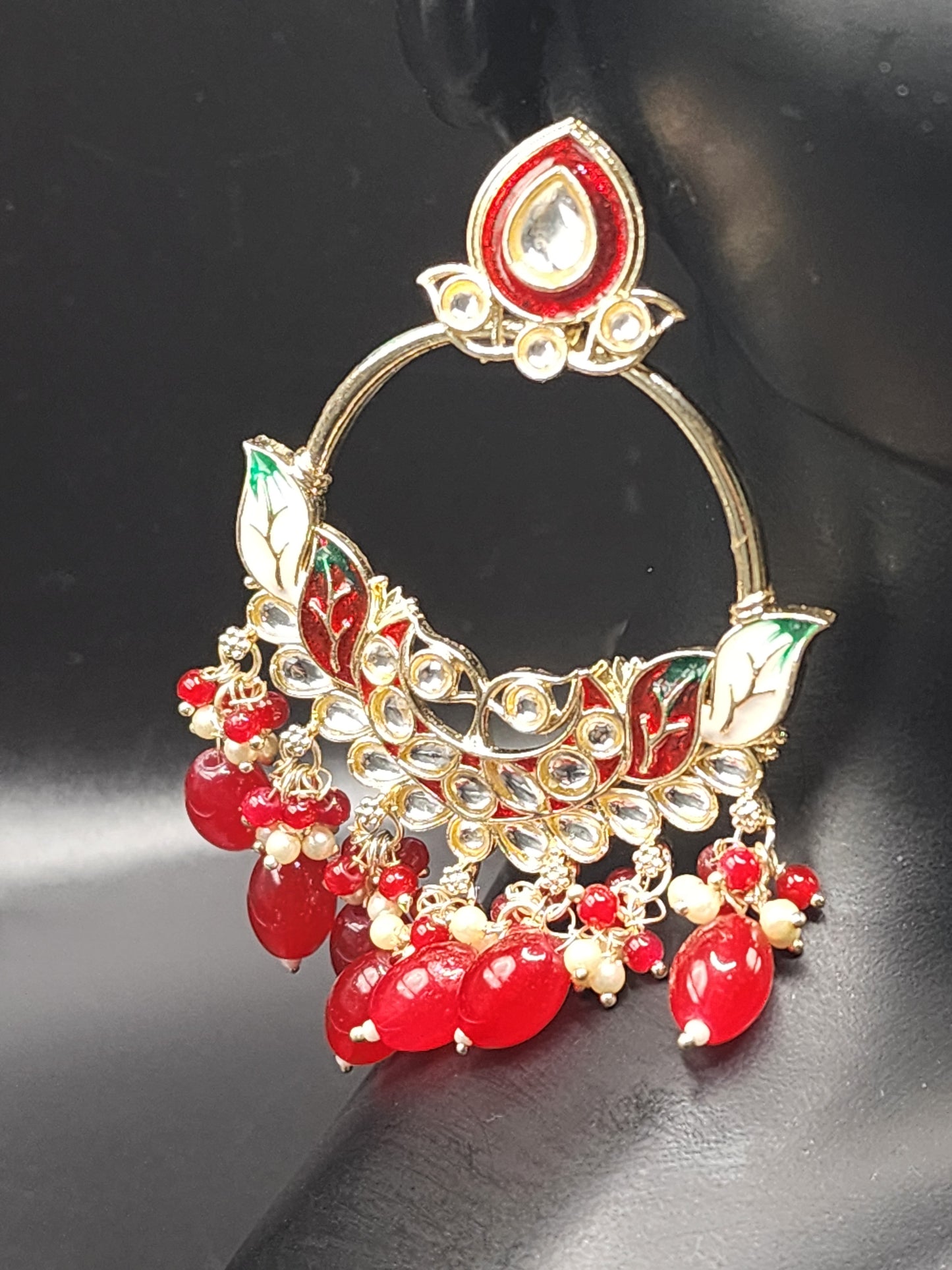 Red Meenakari Statement Hoop Earrings with Beaded Drops – Bridal Luxe