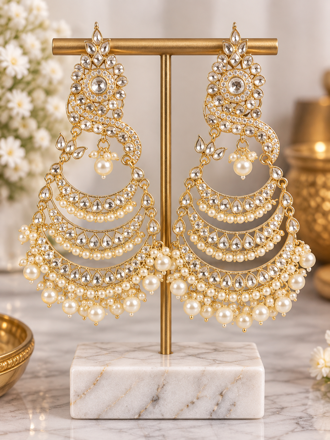 Gold-Tone Kundan Crescent Chandbali Earrings