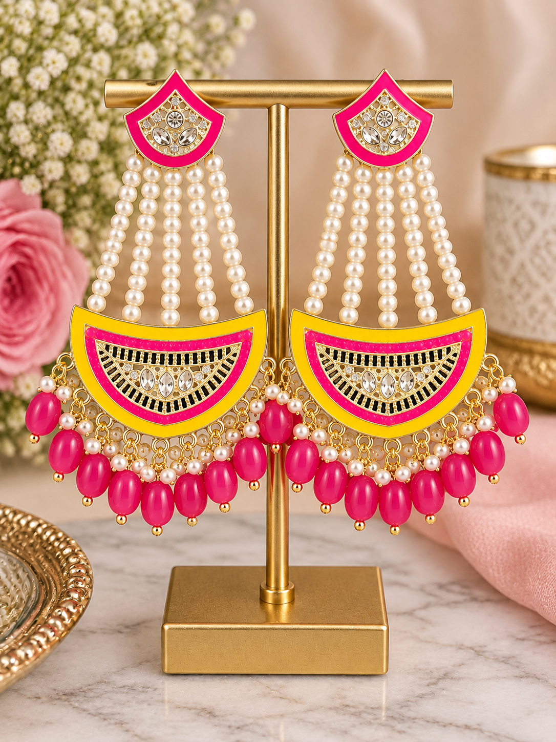 Hot Pink & Yellow Pearl Chandelier Earrings – Gold-Tone Indian Statement Jhumkas