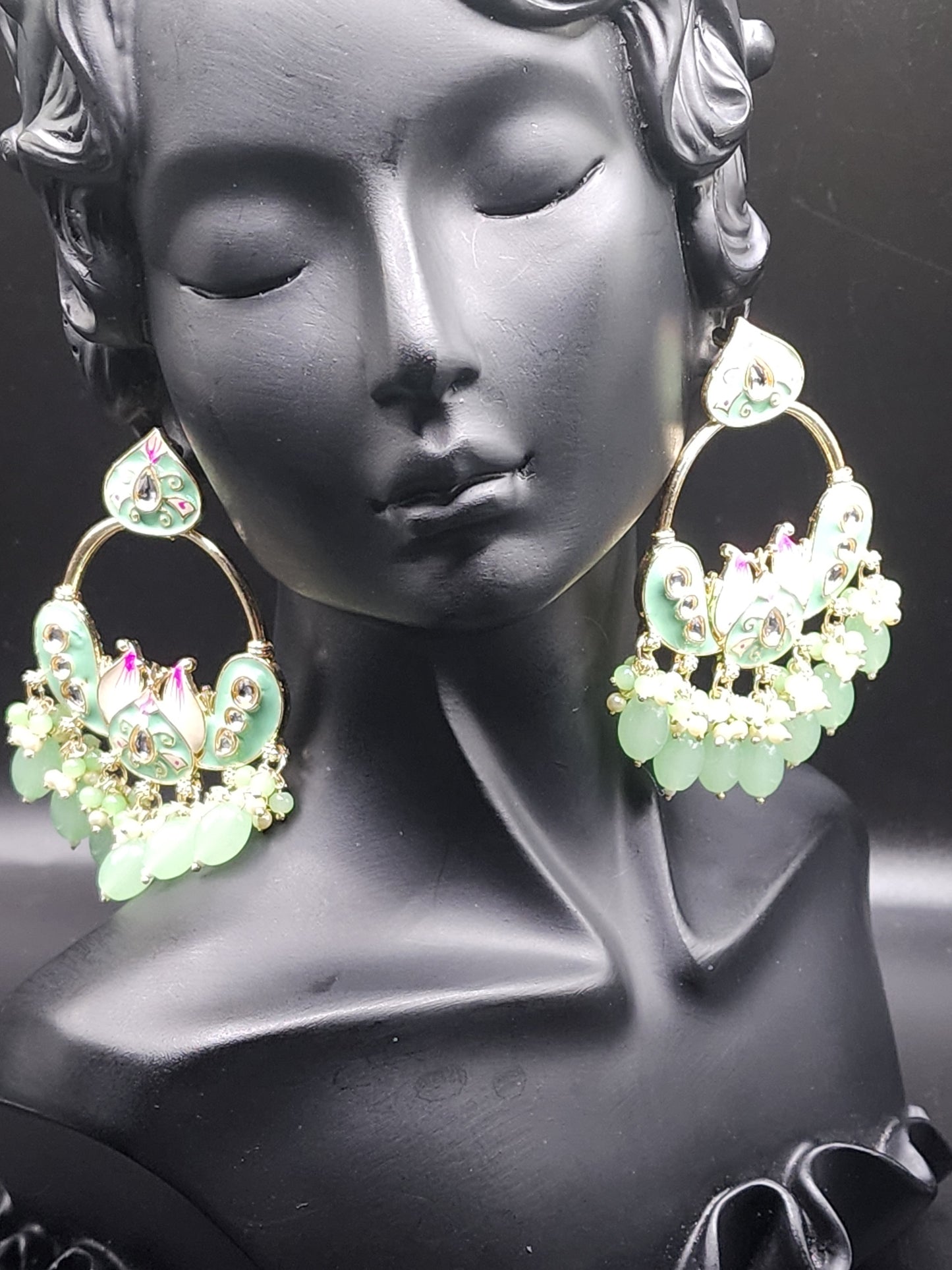 Mint Green Meenakari Statement Hoop Earrings with Pearl Drops – Soft Luxe