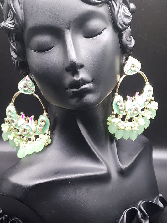 Mint Green Meenakari Statement Hoop Earrings with Pearl Drops – Soft Luxe