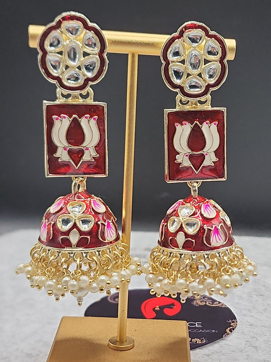 Burgundy Lotus Kundan Jhumka Earrings | Pearl Bead Indian Statement Earrings