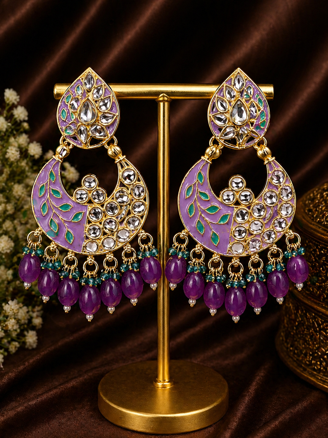 Lavender Purple Kundan Chandbali Earrings | Teal & Purple Bead Indian Statement Earrings