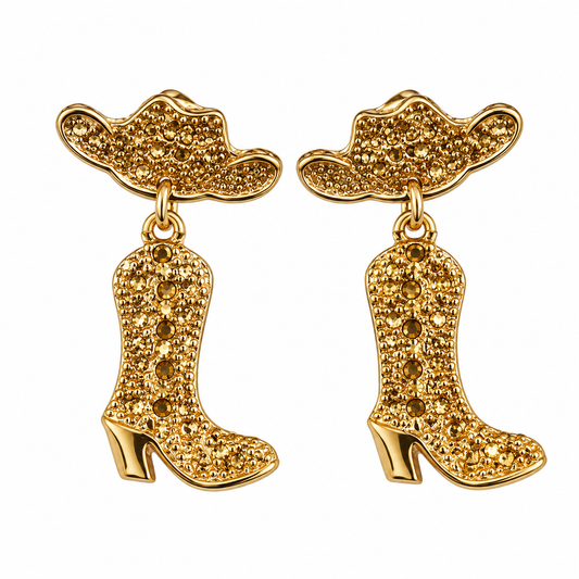 Gold Cowboy Boot Western Statement Earrings