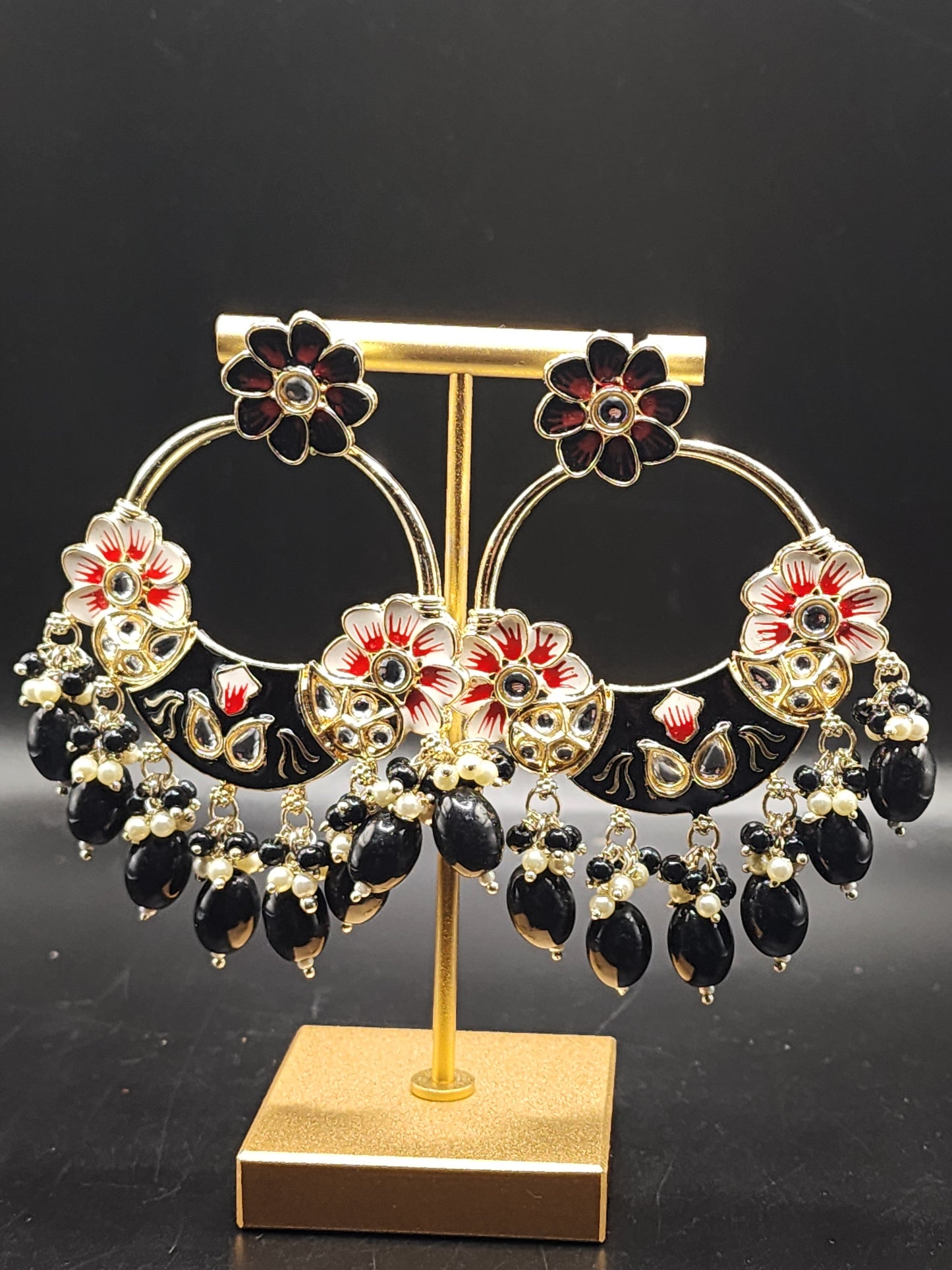 Black & Red Floral Chandbali Earrings with Pearl Drops