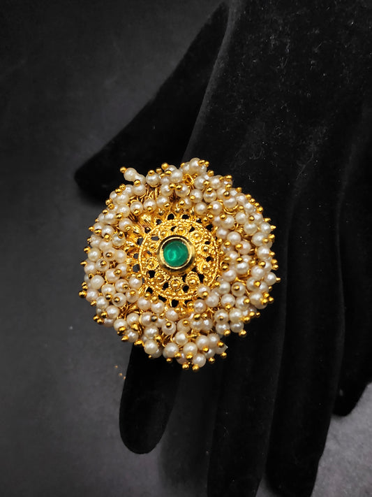 PSK ELEGANCE Pearl & Green Stone Statement Ring | Gold Traditional Adjustable Cocktail Ring for Women