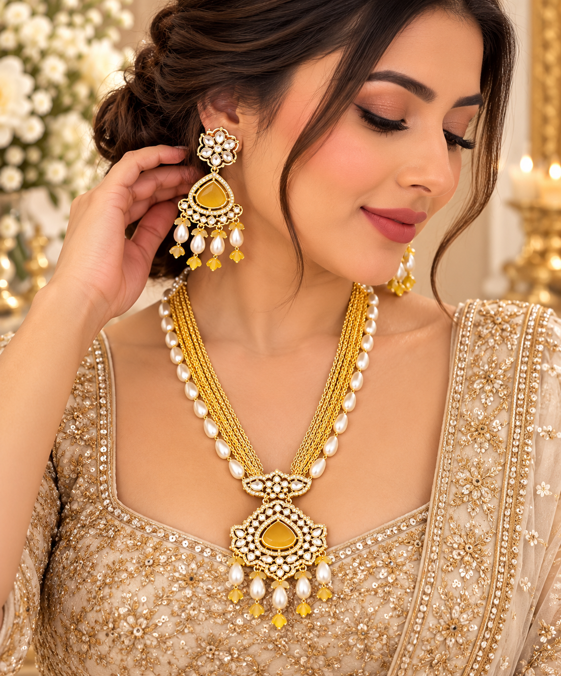 Premium yellow beadwork Pearl Long Necklace Set with Matching Statement Earrings | Indian Jewelry