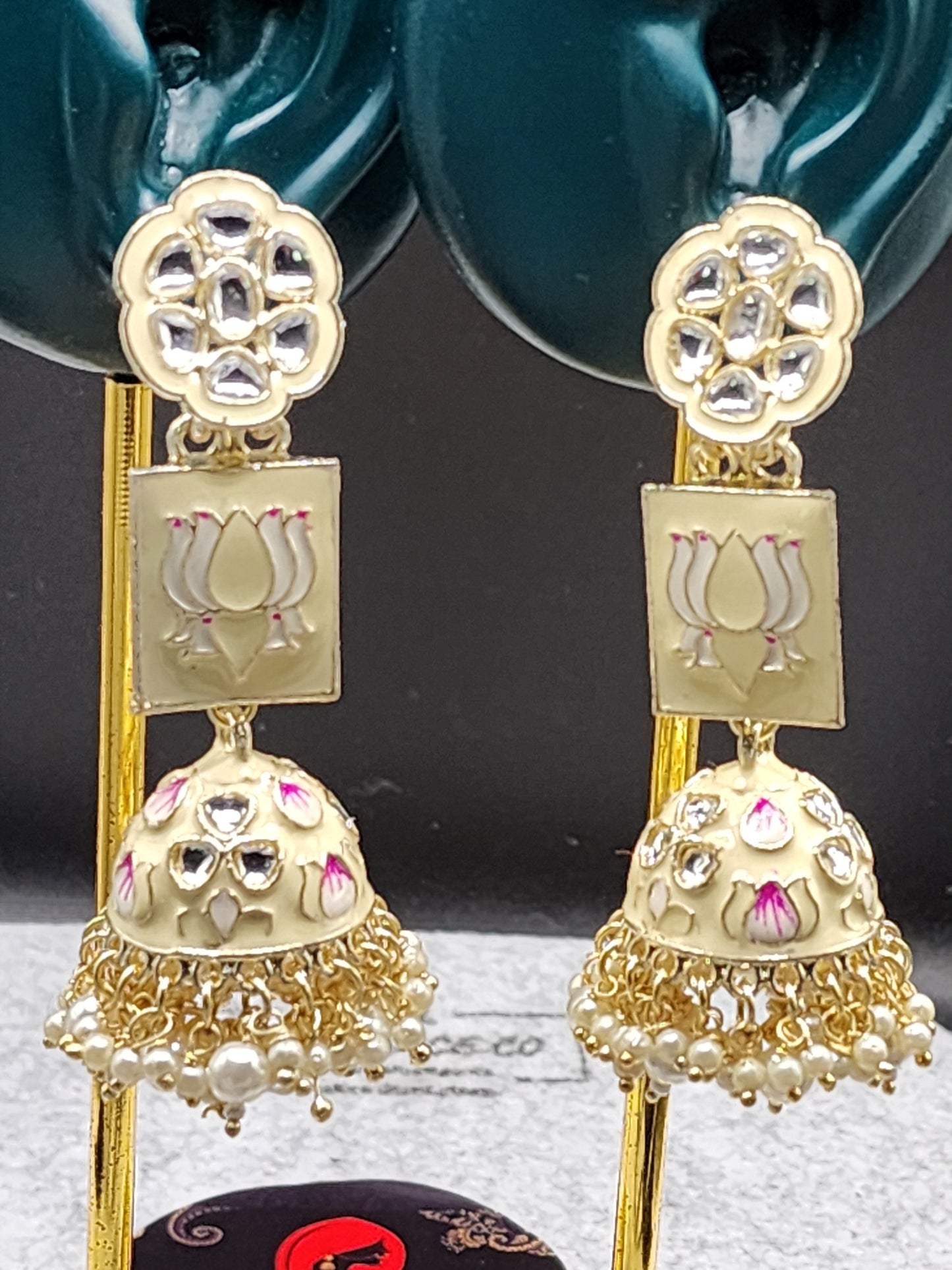 Cream Lotus Kundan Jhumka Earrings | Pearl Drop Indian Statement Earrings