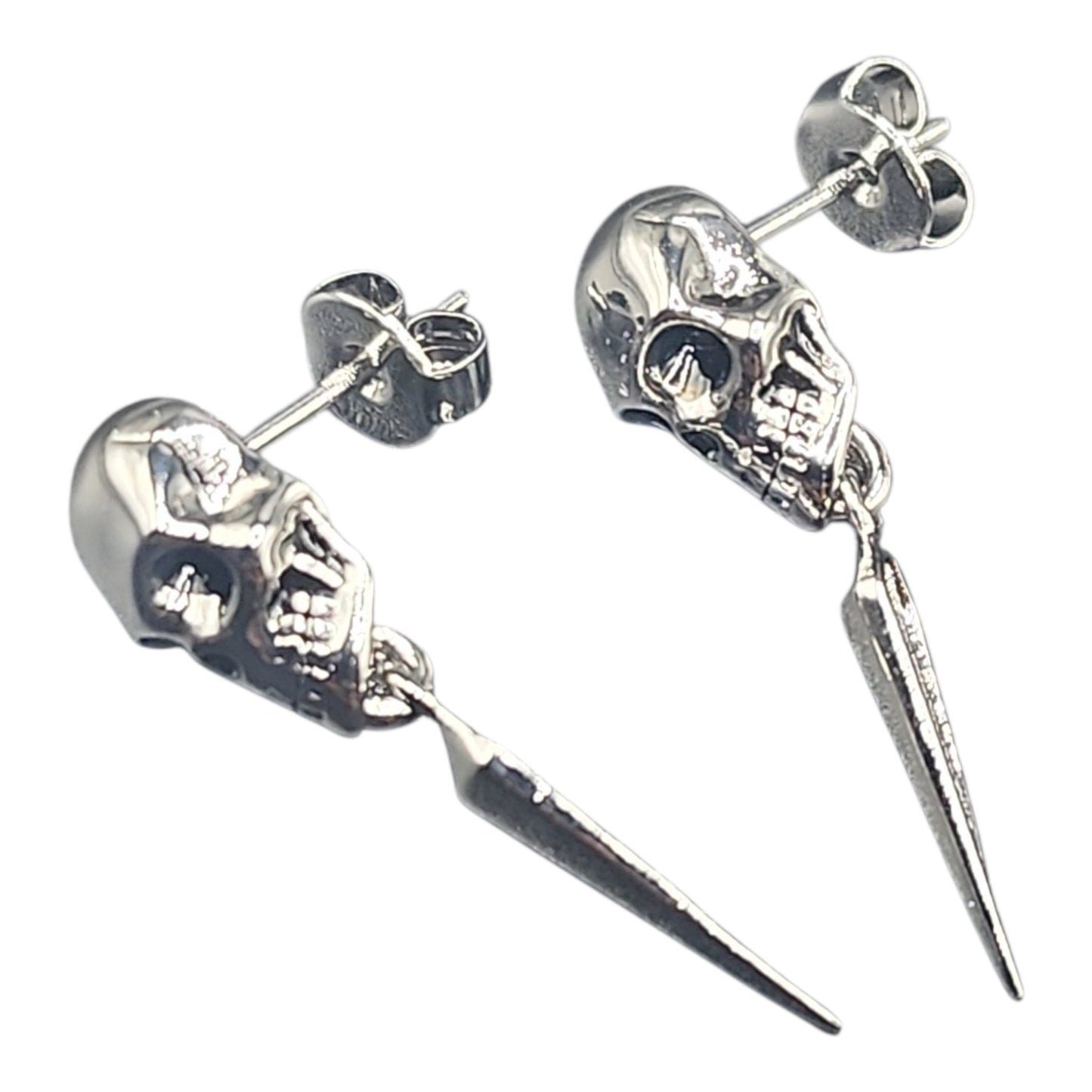 PSK ELEGANCE Skull Spike Drop Earrings | Edgy Silver Statement Jewelry