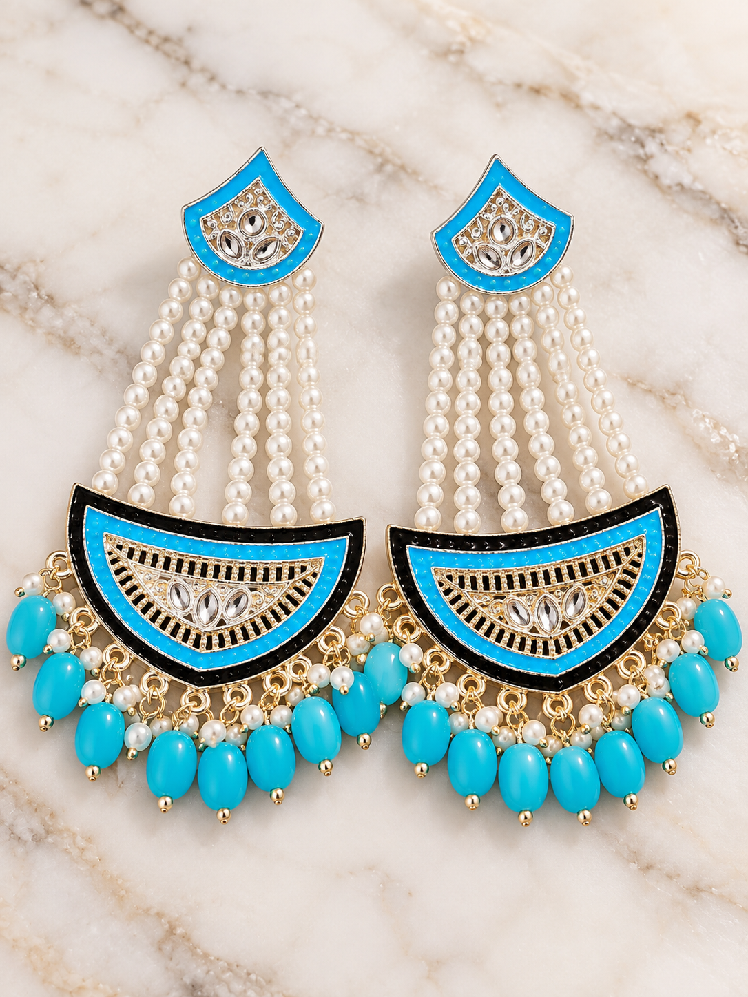 Turquoise Blue Pearl Chandelier Earrings – Black & Gold Statement Jhumkas