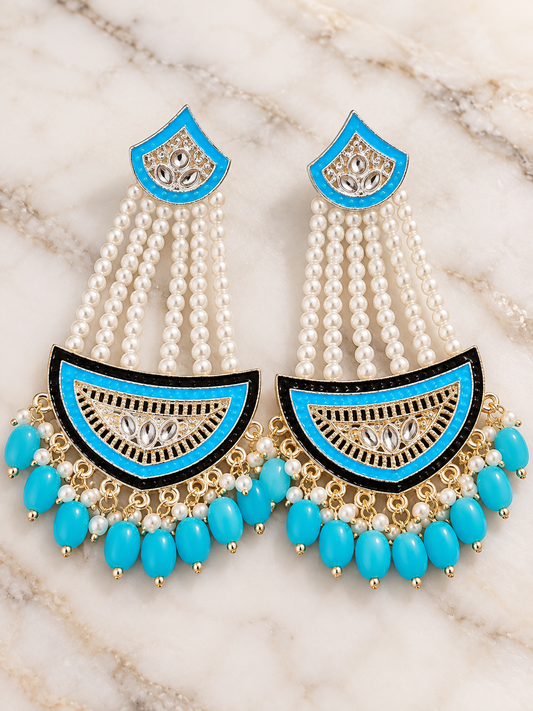 Turquoise Blue Pearl Chandelier Earrings – Black & Gold Statement Jhumkas