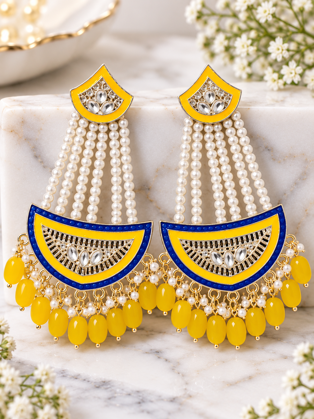 Royal Sunshine Blue & Yellow Pearl Chandelier Earrings