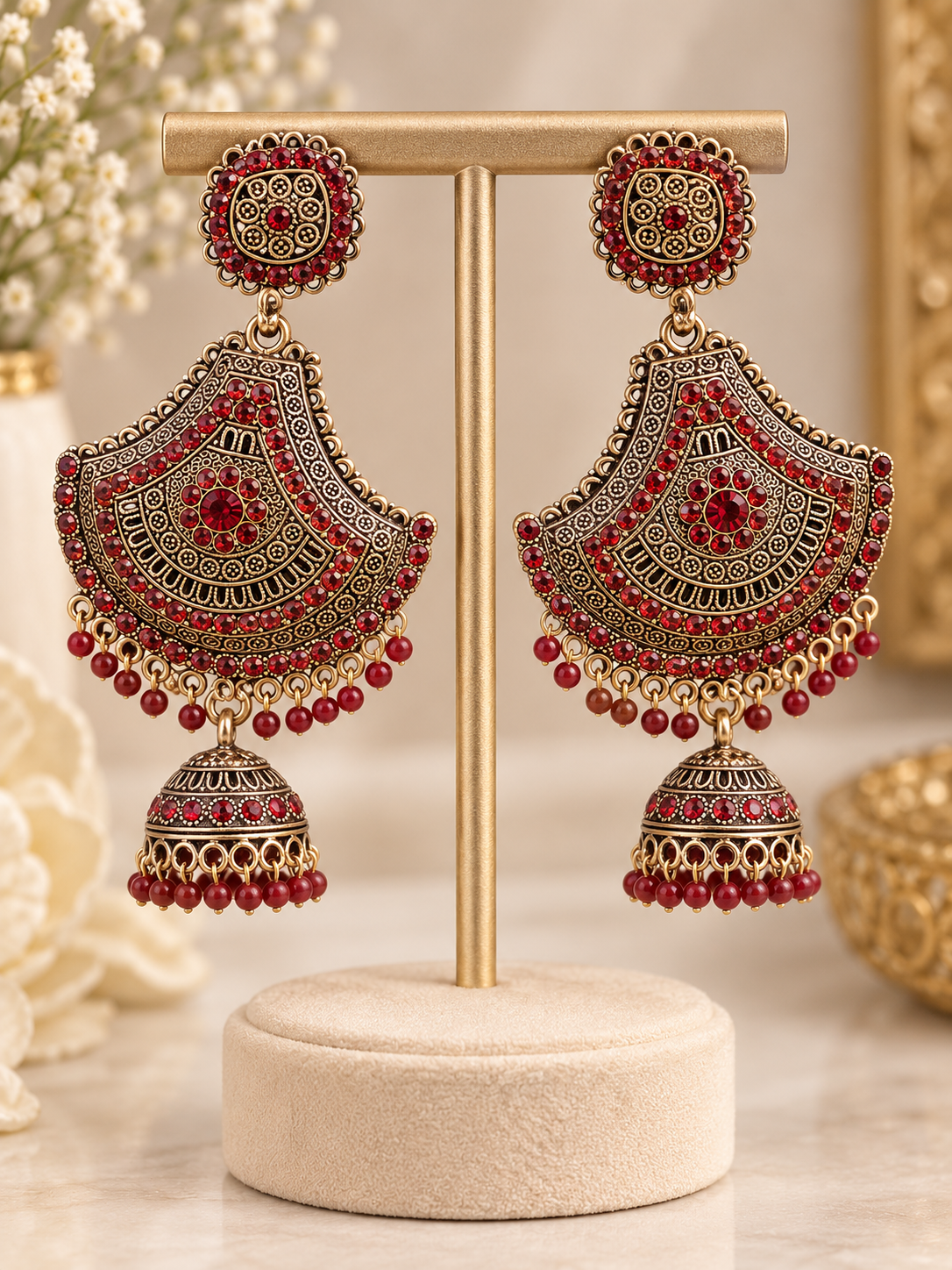 Ruby Red Kundan Jhumka Earrings