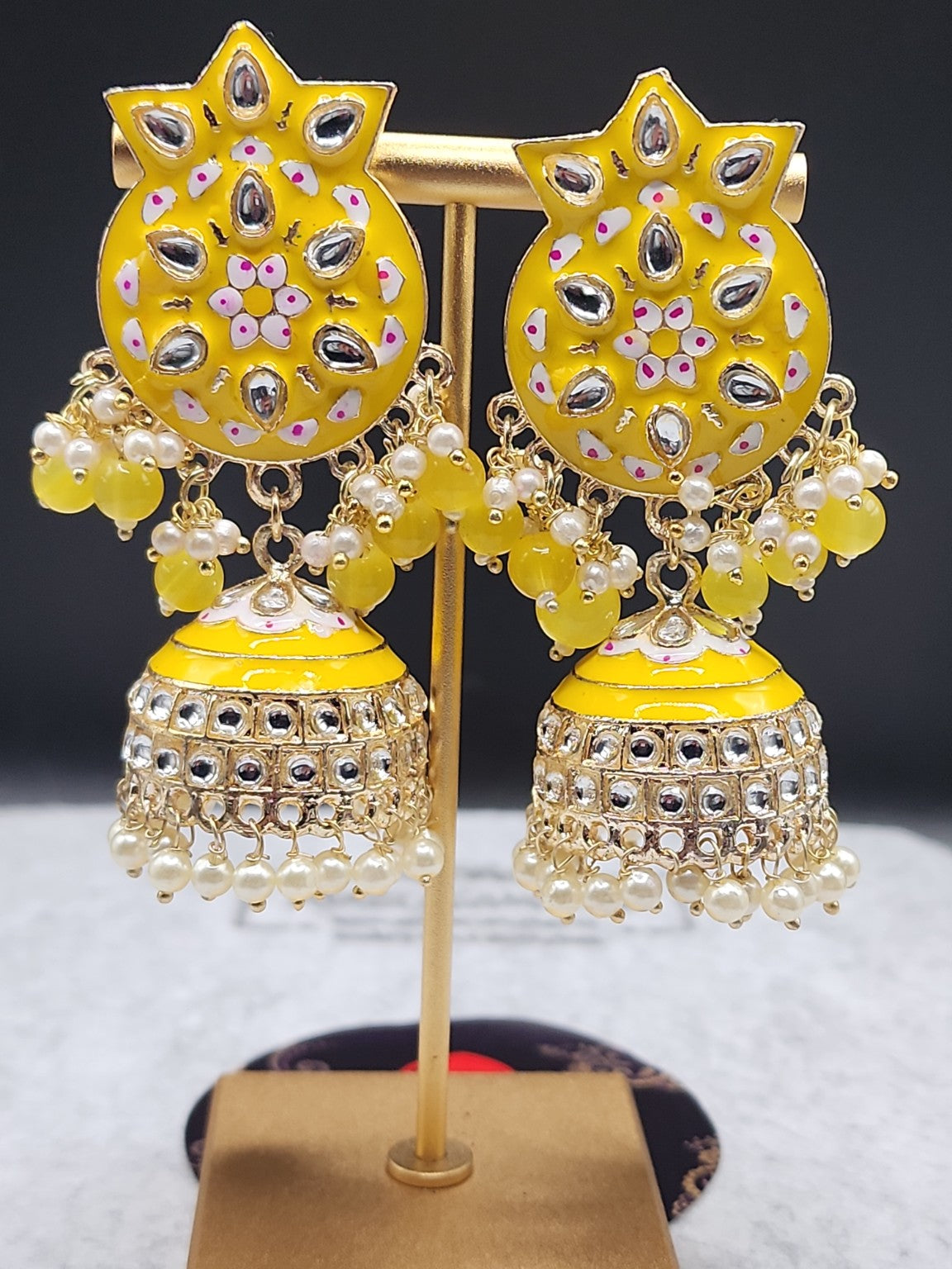 Yellow Meenakari Kundan Jhumka Earrings | Pearl Drop Indian Festive Earrings