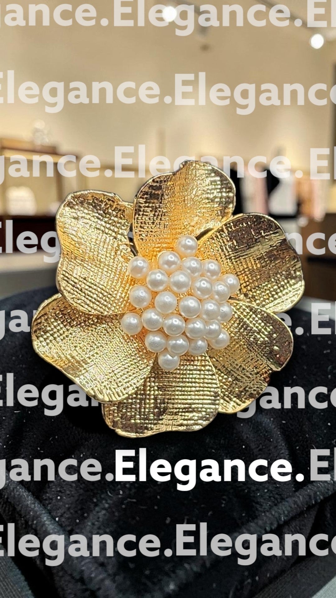 PSK ELEGANCE Gold Floral Pearl Statement Ring | Textured Flower Adjustable Cocktail Ring for Women