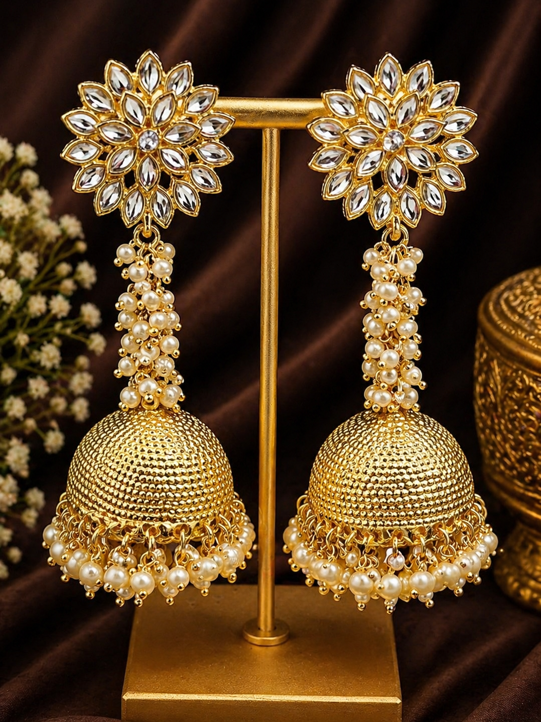 Gold Floral Kundan Pearl Jhumka Earrings | Indian Bridal & Festive Statement Earrings