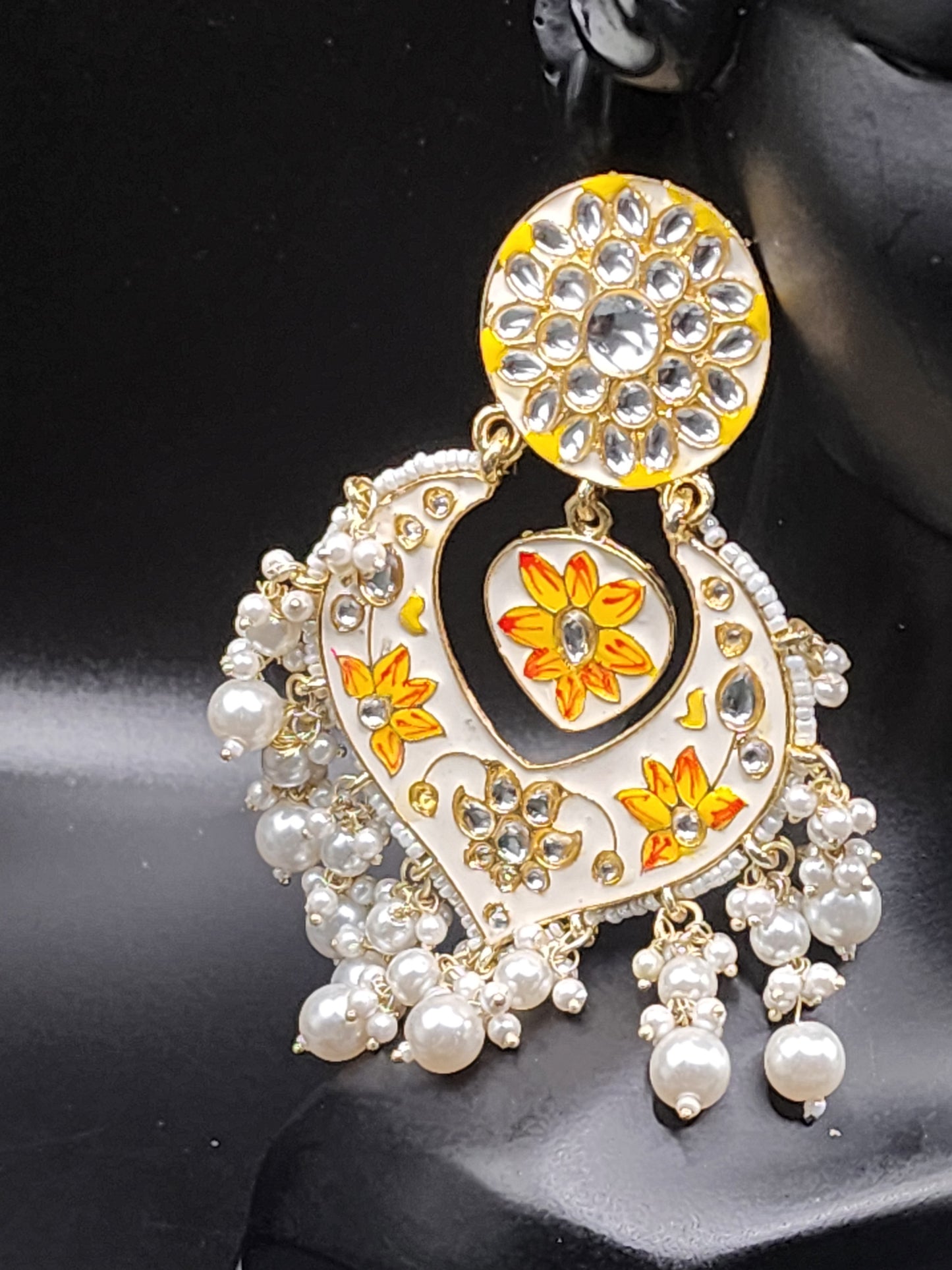 PSK ELEGANCE Ivory Meenakari Heart Chandbali Earrings | Floral Kundan Pearl Drop Statement Jewelry