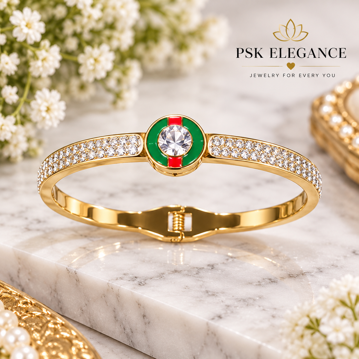 Gold-Tone Green & Red Enamel Crystal Cuff Bracelet