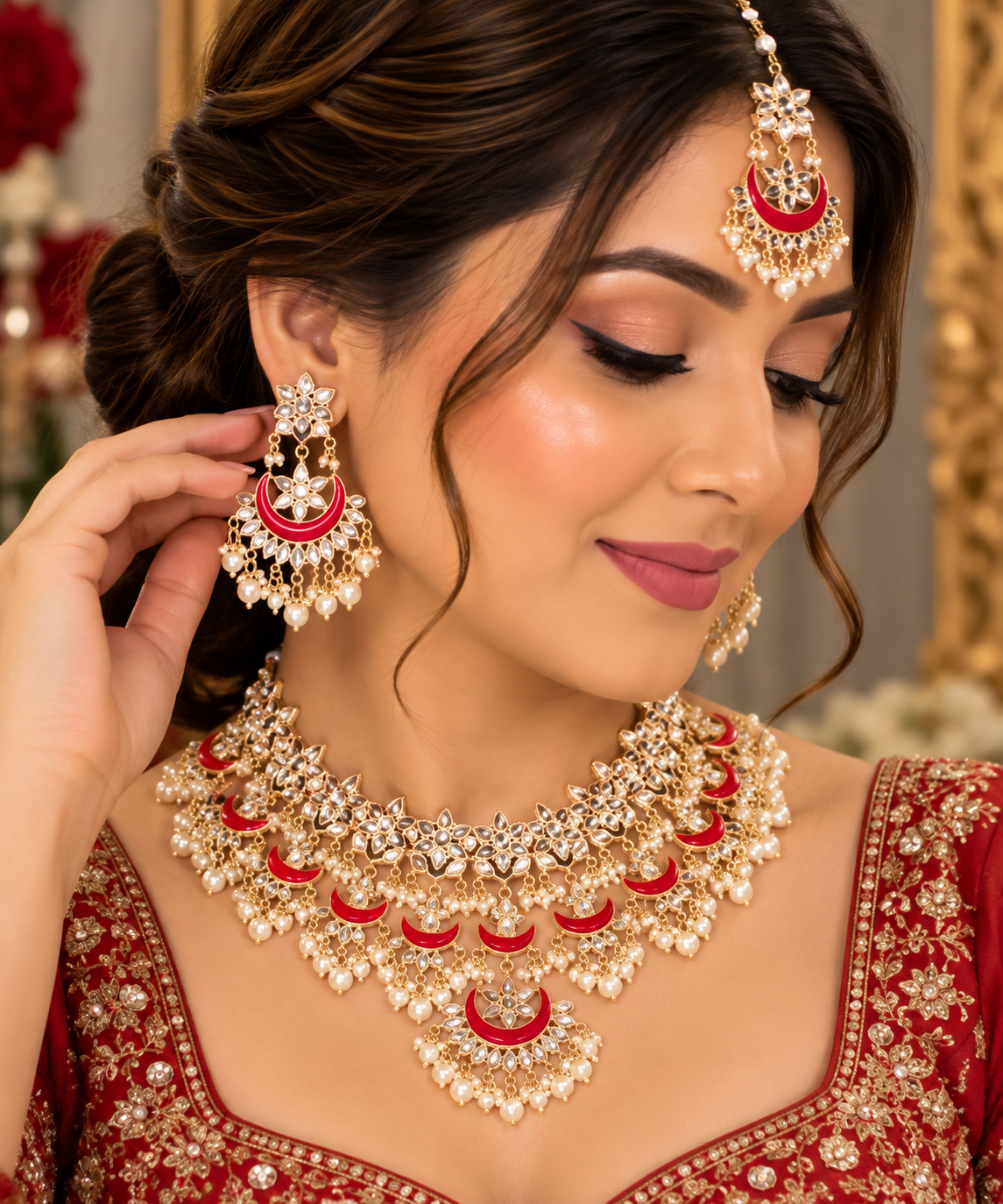 Red Crescent Kundan Bridal Jewelry Set with Pearl Details