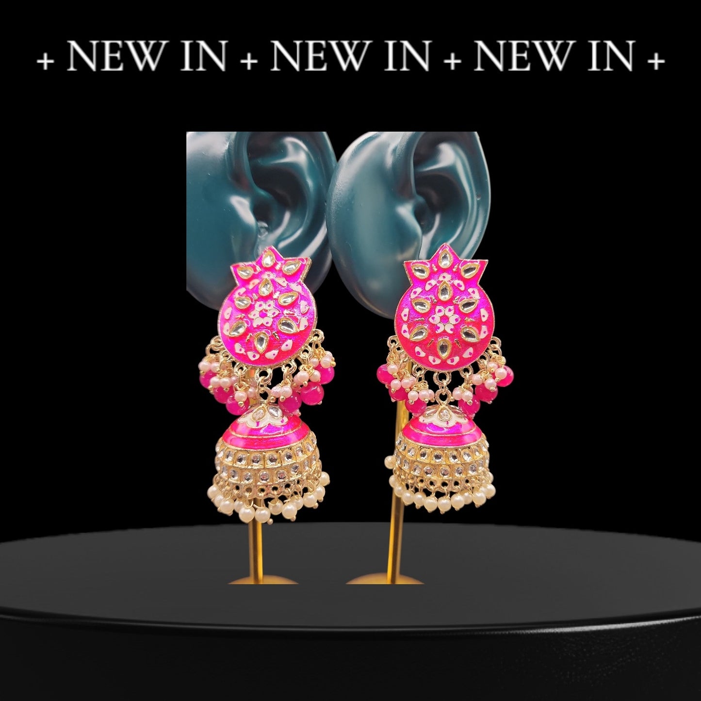 Hot Pink Meenakari Kundan Jhumka Earrings | Pearl Drop Indian Festive Earrings
