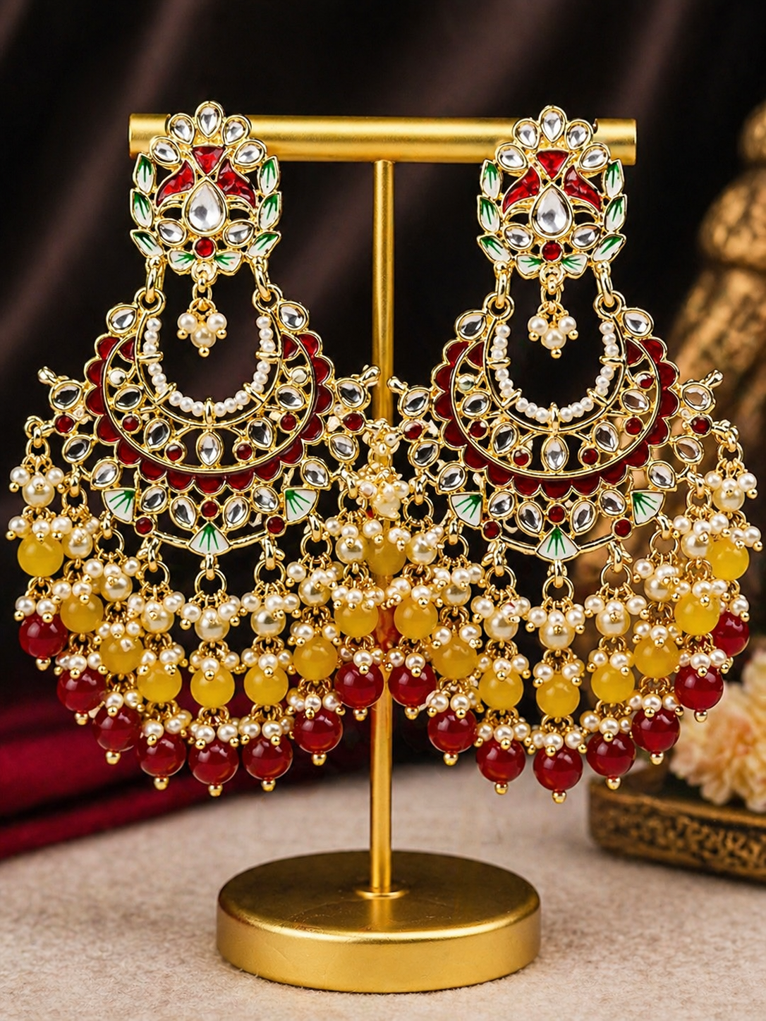 Multicolor Kundan Chandbali Earrings with Pearl & Bead Drops