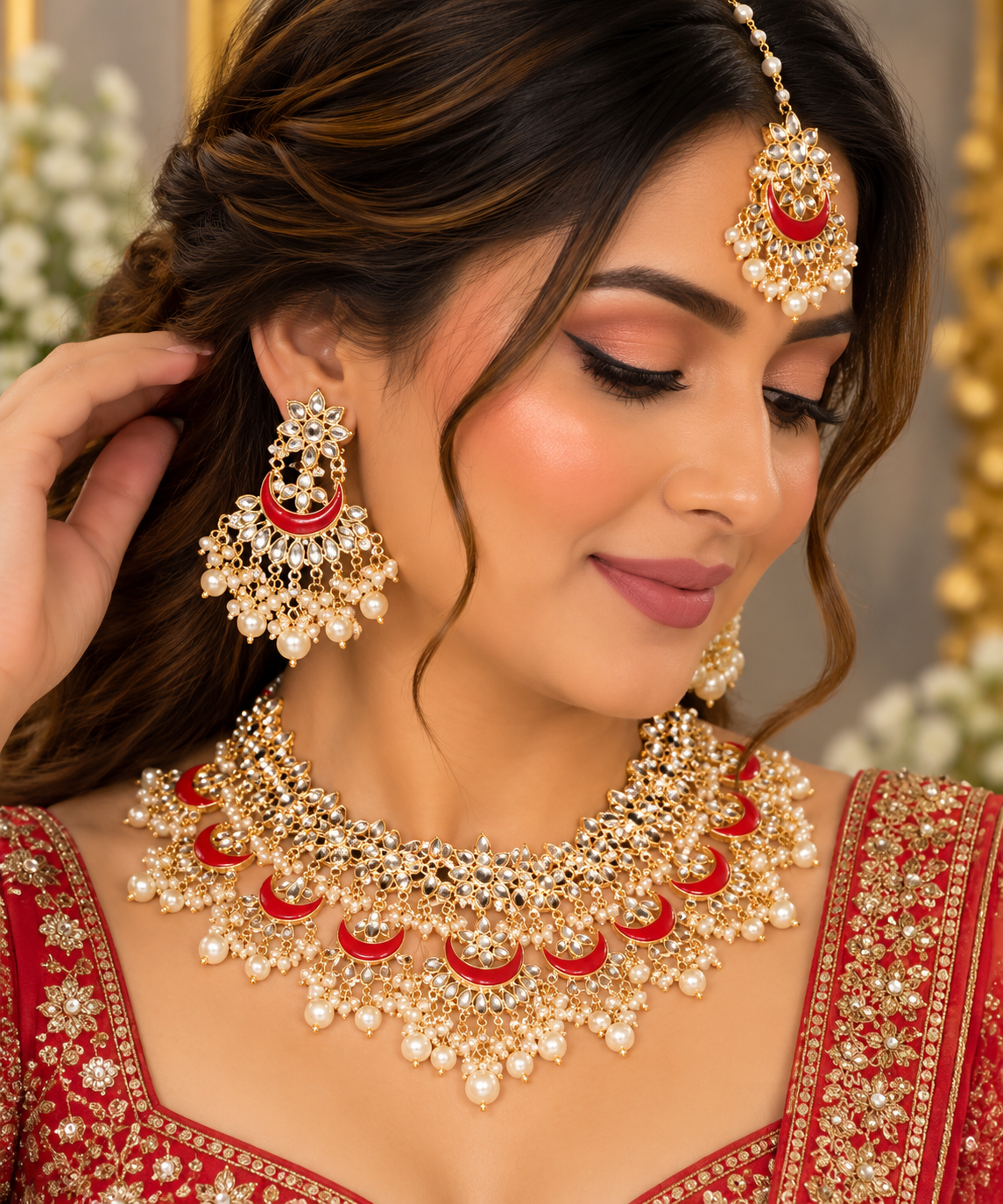 Red Crescent Kundan Bridal Jewelry Set with Pearl Details