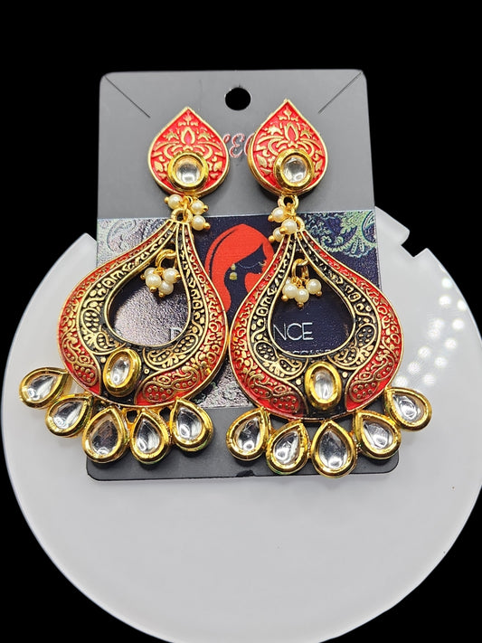 PSK ELEGANCE Red & Gold Kundan Chandbali Earrings with Pearl Drops | Traditional Indian Statement Jewelry