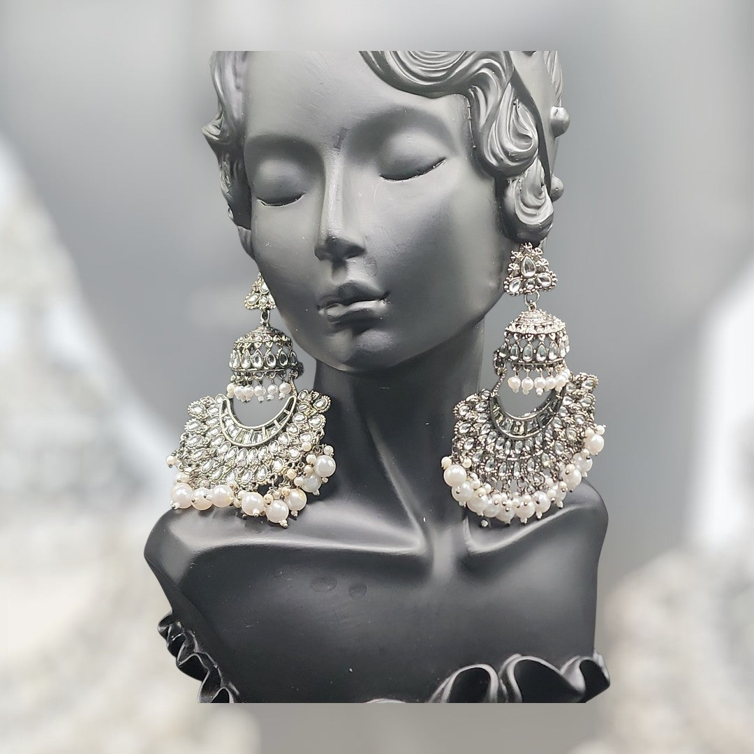 PSK ELEGANCE Oxidized Silver Kundan Chandbali Earrings | Pearl Drop Statement Ethnic Jewelry