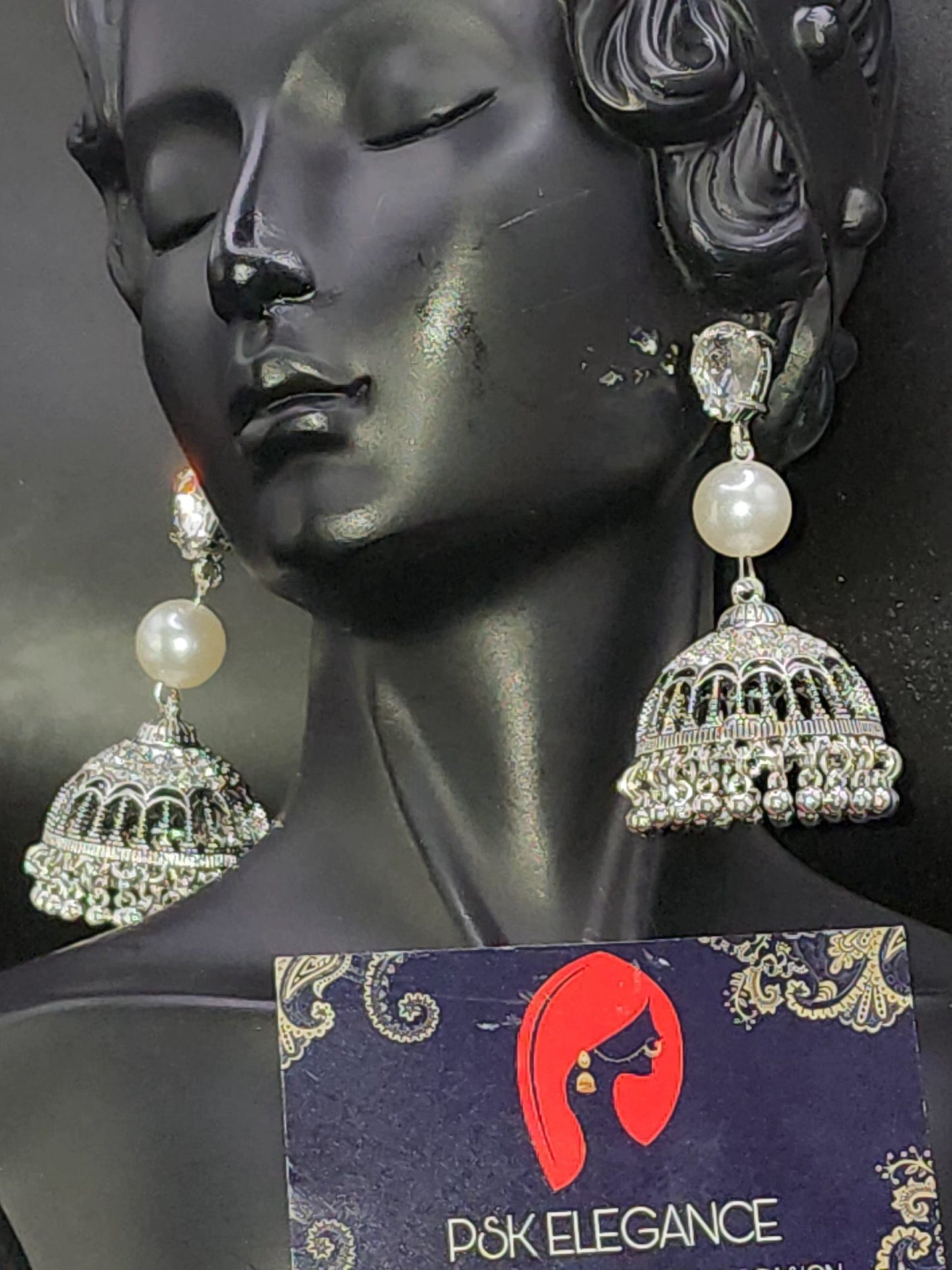 Silver Crystal Jhumka Statement Drop Earrings