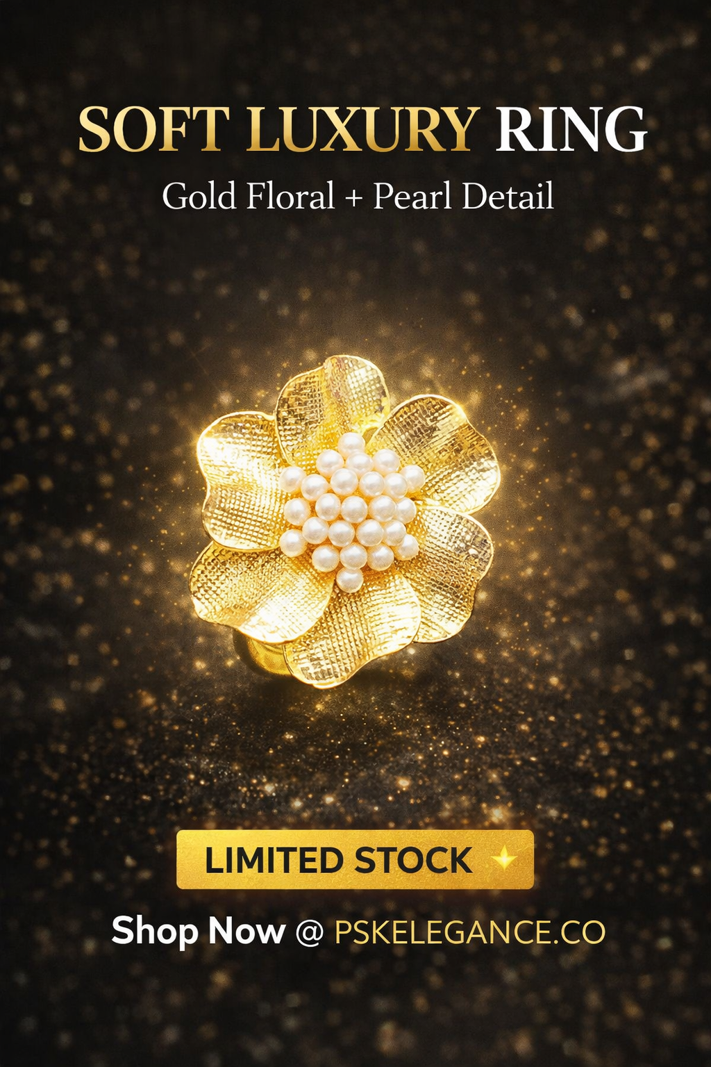 PSK ELEGANCE Gold Floral Pearl Statement Ring | Textured Flower Adjustable Cocktail Ring for Women