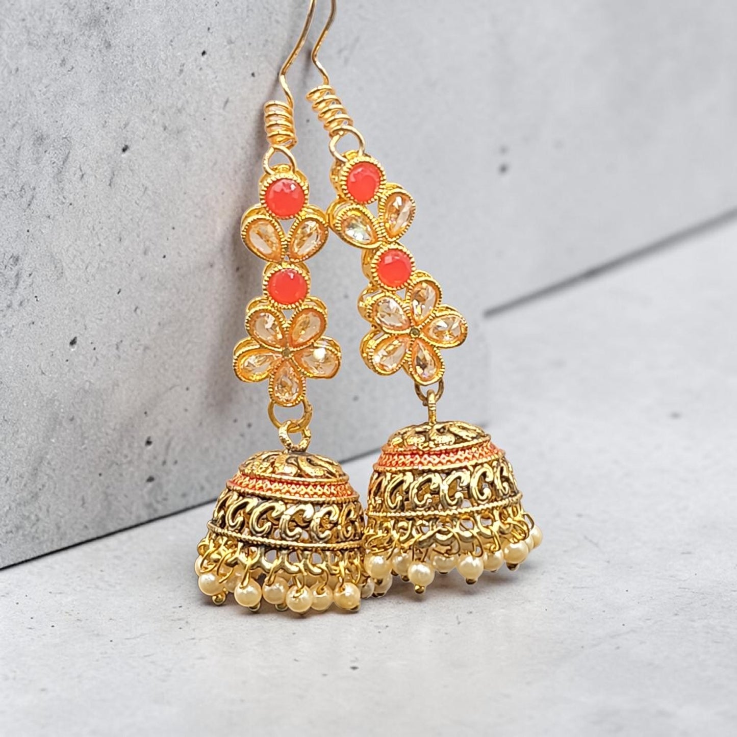 PSK ELEGANCE Red & Gold Floral Jhumka Earrings | Kundan Crystal Pearl Drop Ethnic Jewelry