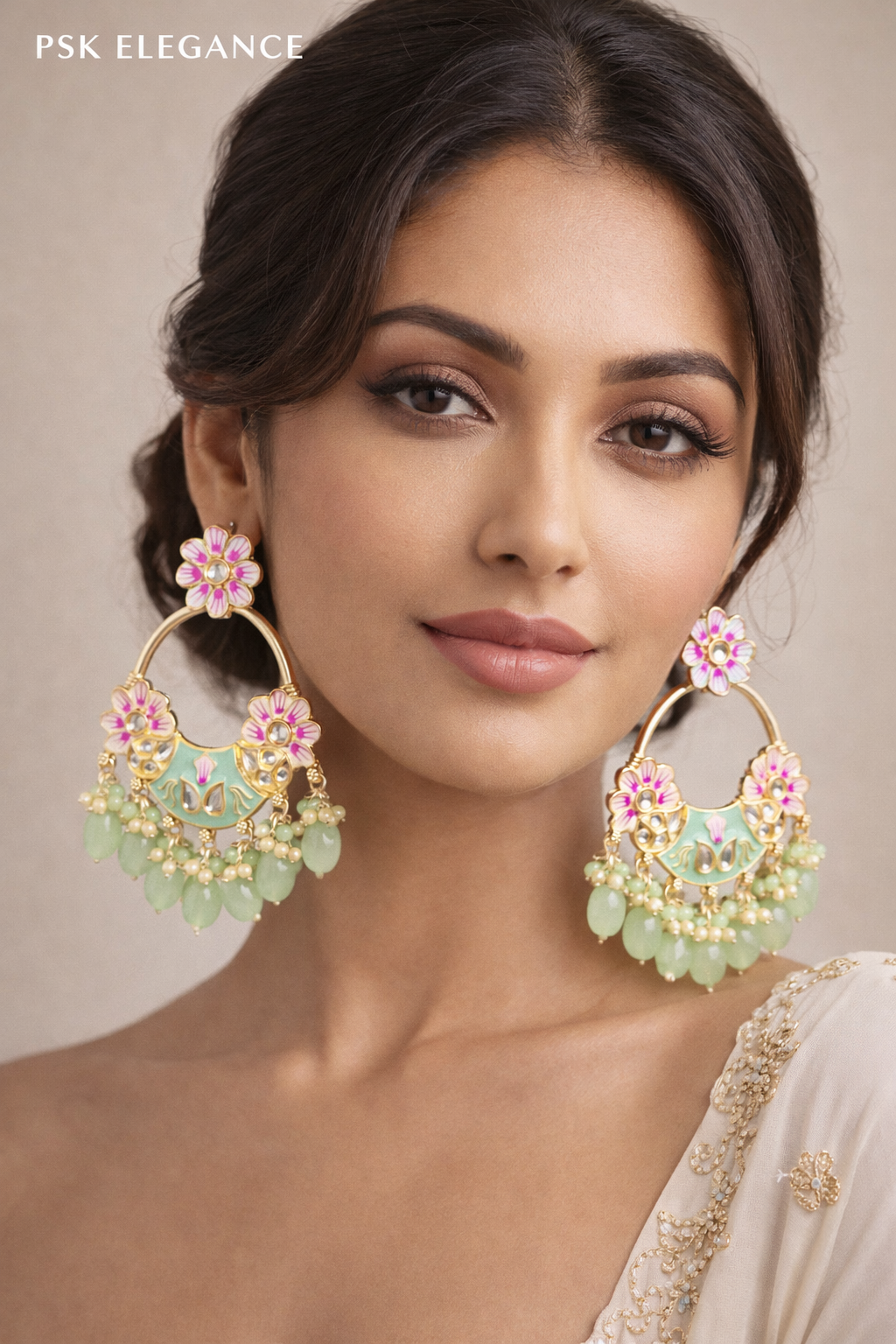 Mint & Pink Floral Chandbali Earrings with Pearl Drops