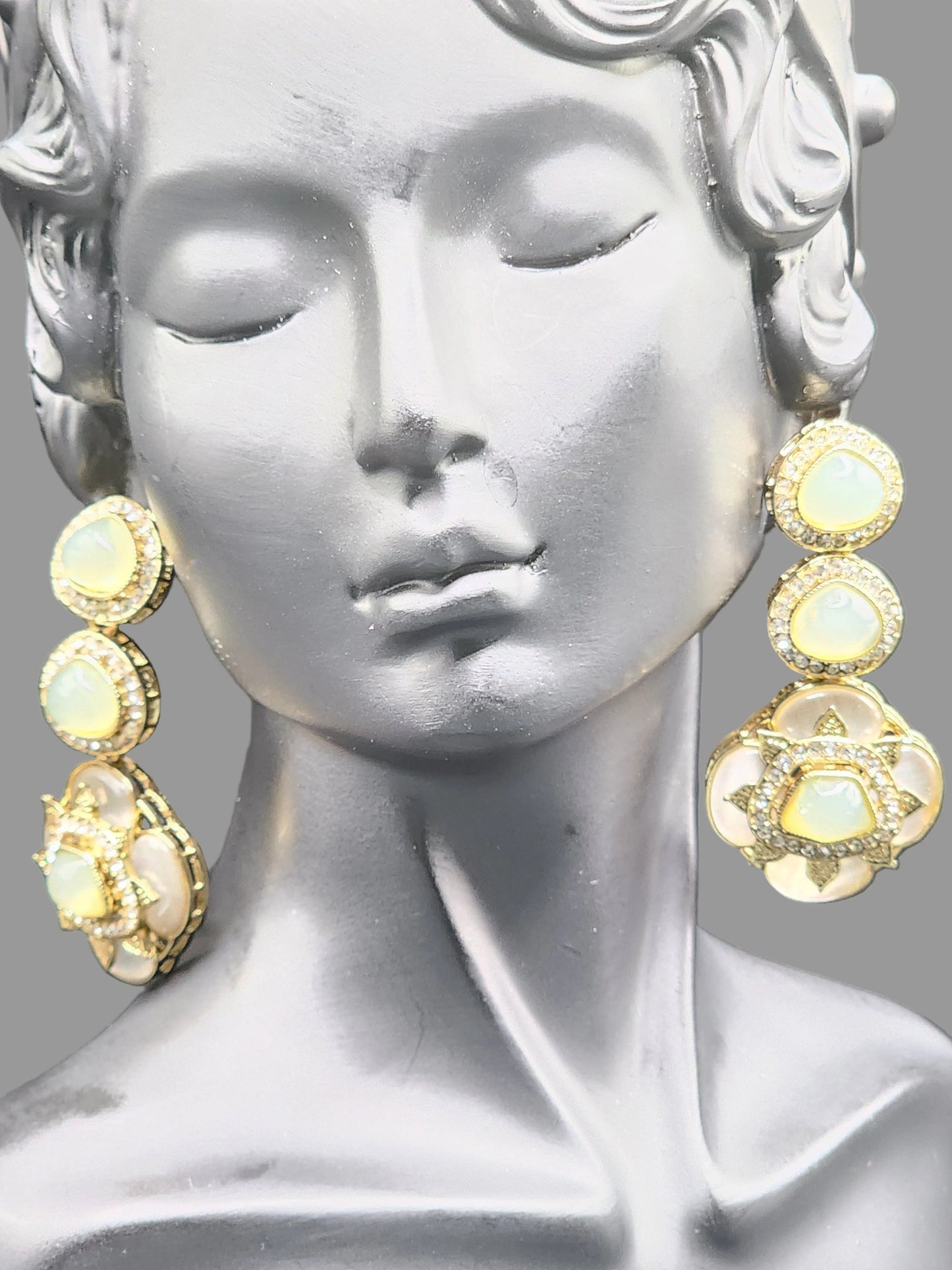 Sage Green Kundan Drop Earrings with Floral Detail – Soft Luxe Collection