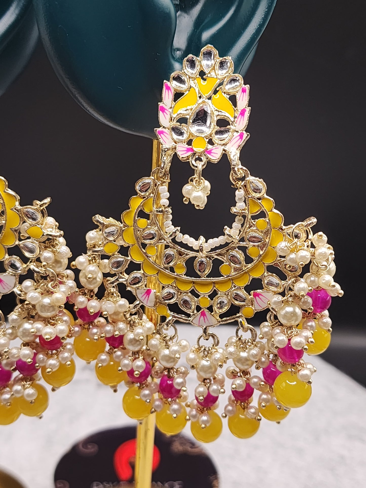 Yellow Pink Kundan Chandbali Earrings | Pearl Bead Indian Statement Earrings