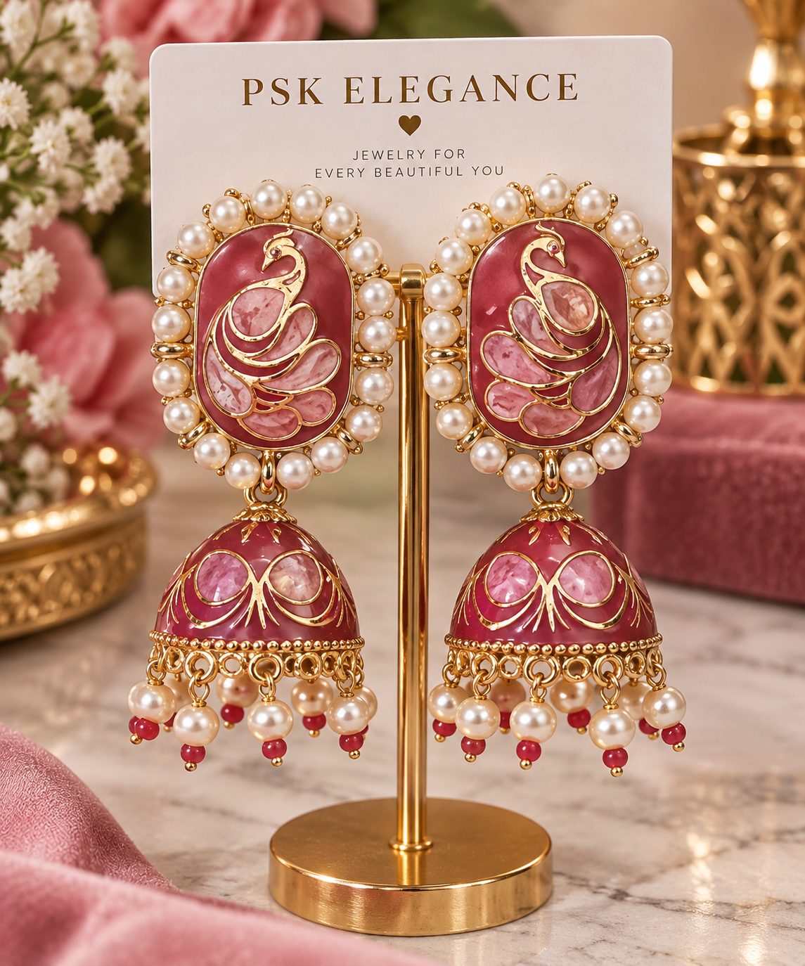 Pink Peacock Jhumka Earrings with Pearl Border