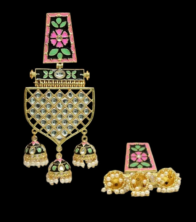 Bold, vibrant, and made to stand out. It's got rich enamel, intricate gold-tone work, and layered bead drops, this piece is desi