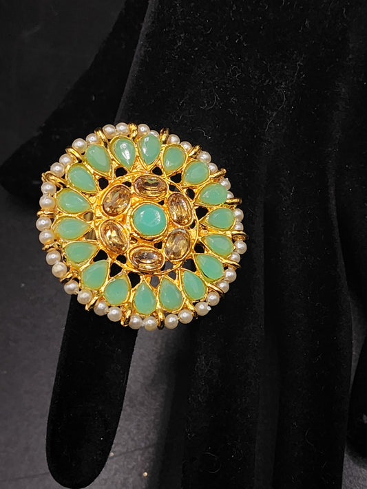 Mint Green Kundan Statement Ring | Gold Pearl Halo Floral Ring