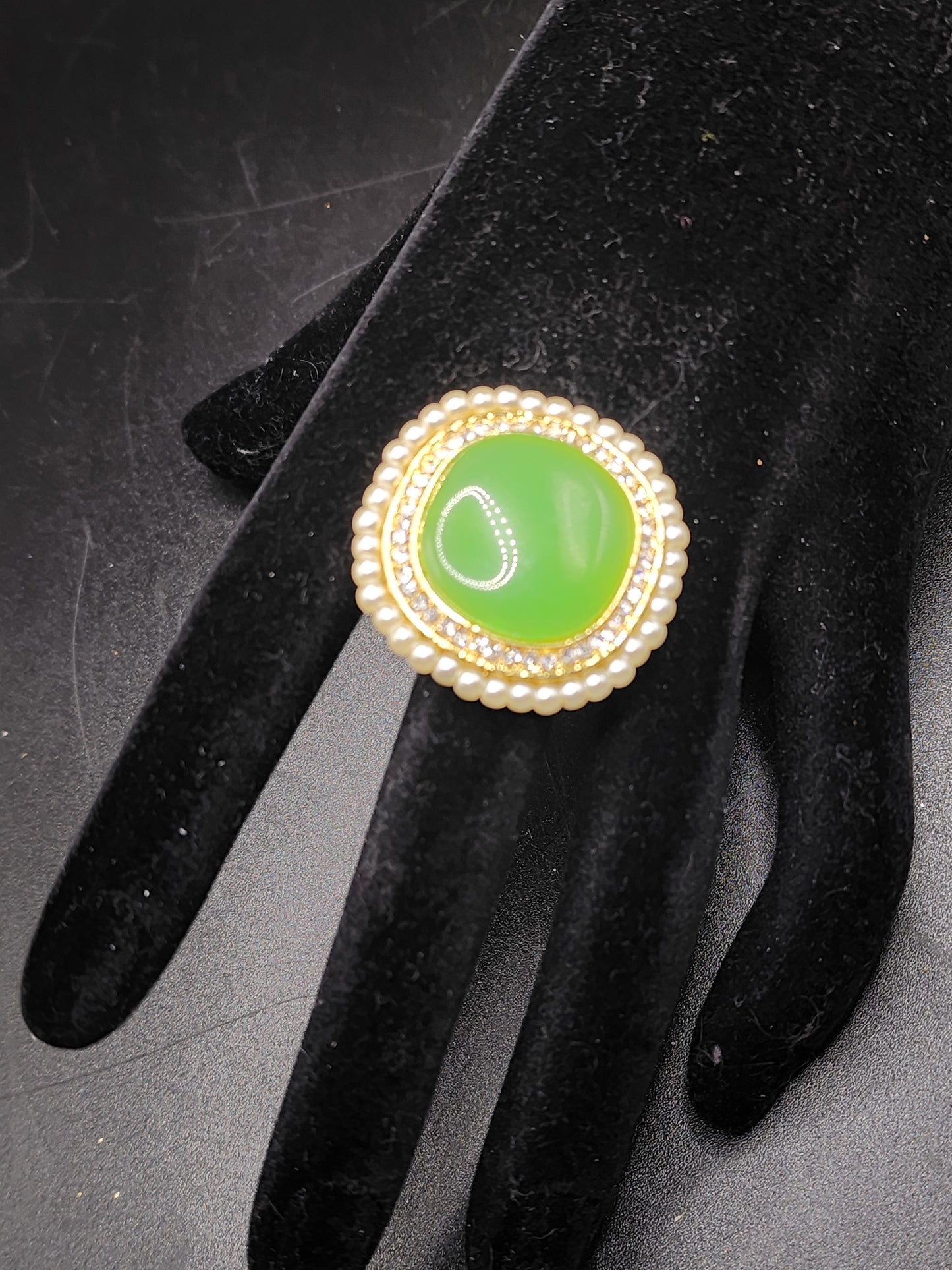 Emerald Glow Statement Ring | Gold Plated Pearl Halo Ring