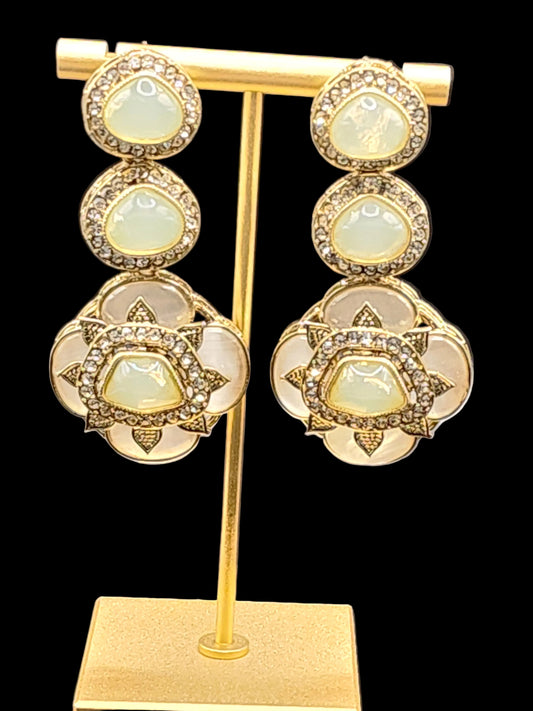 Sage Green Kundan Drop Earrings with Floral Detail – Soft Luxe Collection
