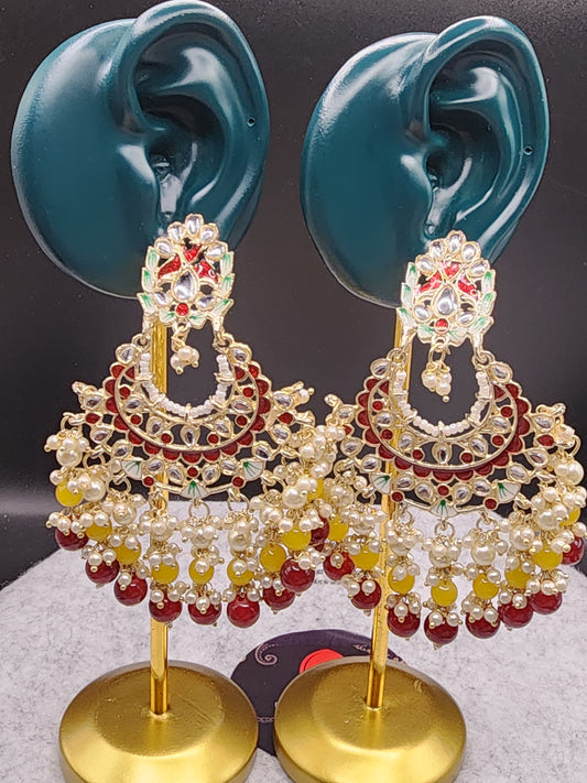 Multicolor Kundan Chandbali Earrings with Pearl & Bead Drops